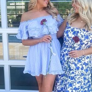 Light Blue Hello Molly Off the Shoulder Polka Dot Dress